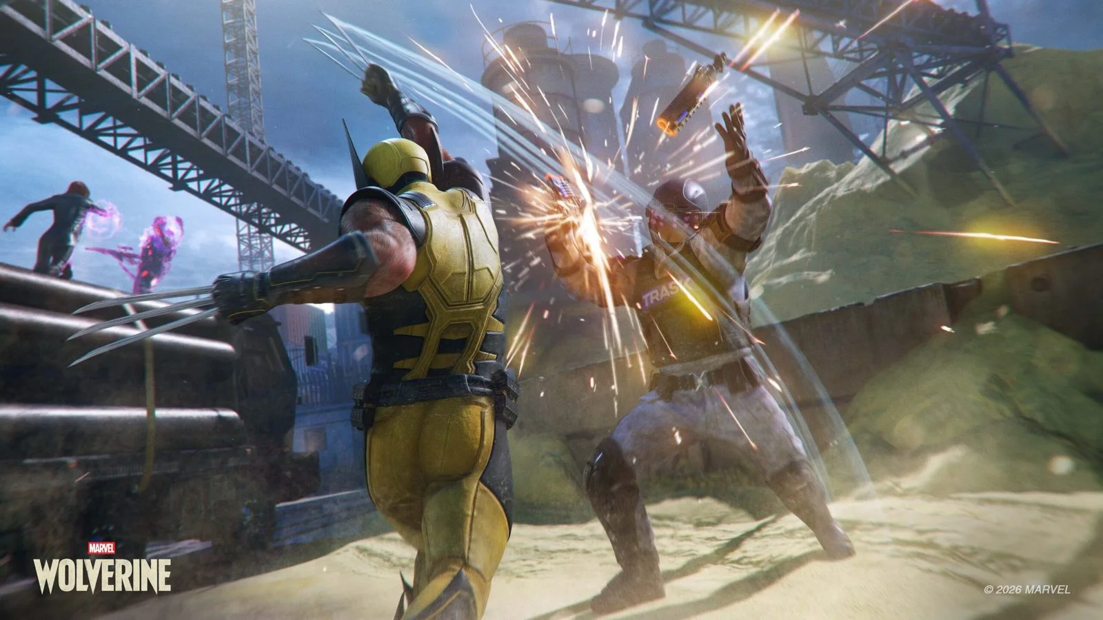 Wolverine em combate contra um soldado da Trask, com Jean Grey usando poderes ao fundo