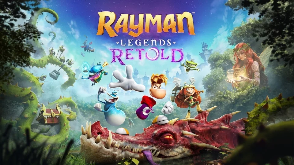 Arte oficial de Rayman Legends Retold, com Rayman e outros personagens sobre um crocodilo gigante